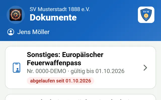 Screenshot Dokumente mit Ablaufwarnung in svscore.de