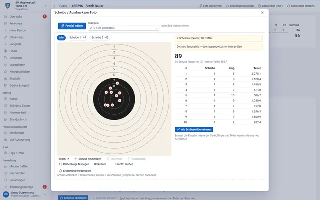 Screenshot Scheibe per Foto auswerten in svscore.de