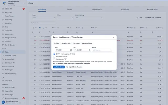 Screenshot Kassen-Export fürs Finanzamt in svscore.de