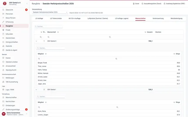 Screenshot Mannschaften & Vereine in svscore.de