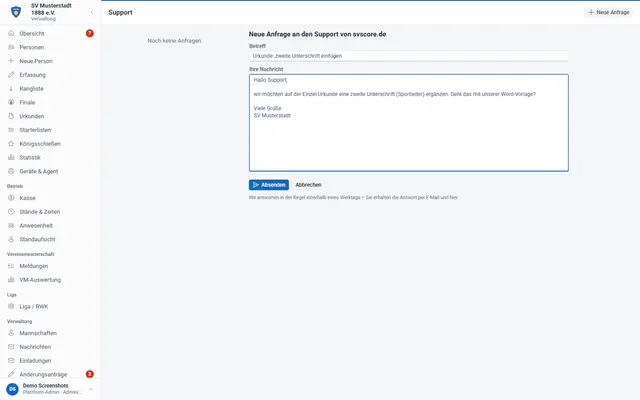 Screenshot Support direkt aus der Verwaltung in svscore.de